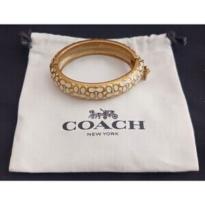 VTG Coach Cream/Gold C Logo Enamel Snap Clasp Bangle Bracelet Logo Charm Dustbag